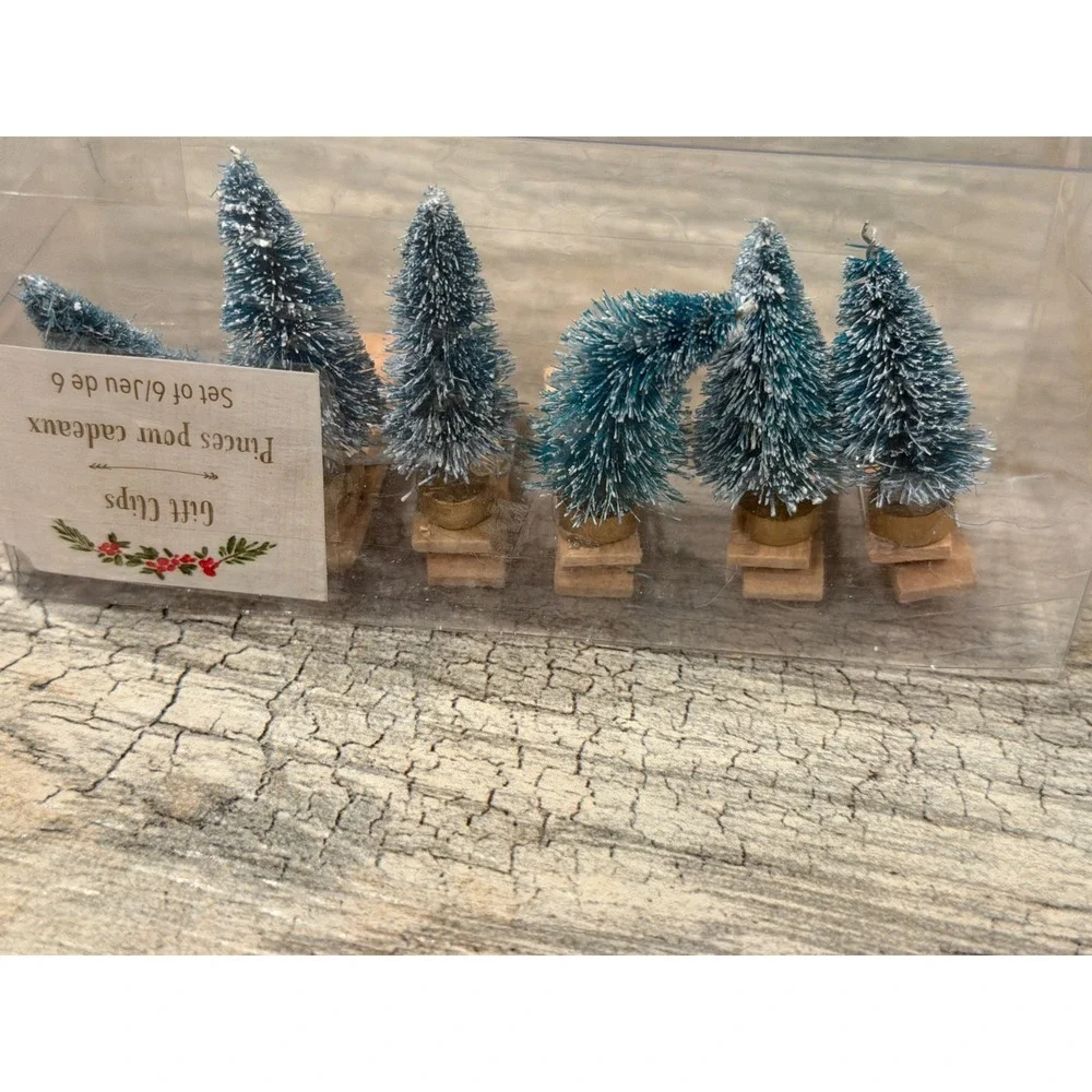 Pier 1 Mini Snowy Trees Gift‎ Clips Set Christmas Holiday Tags Ornaments New